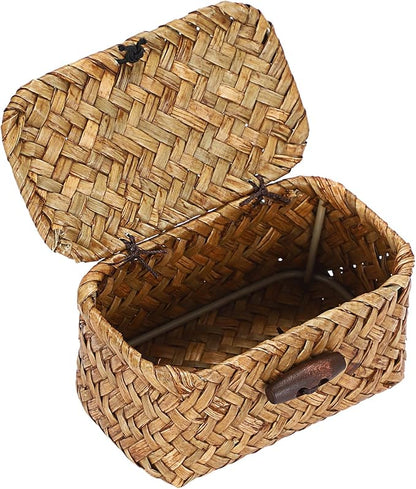 Hipiwe Handwoben Seagrass Basket With Lid Wicker Storage Baskets Decorative Shelf Basket Mini Desktop Organizer, Caramel 4.3" x 2.5" x 2.1"
