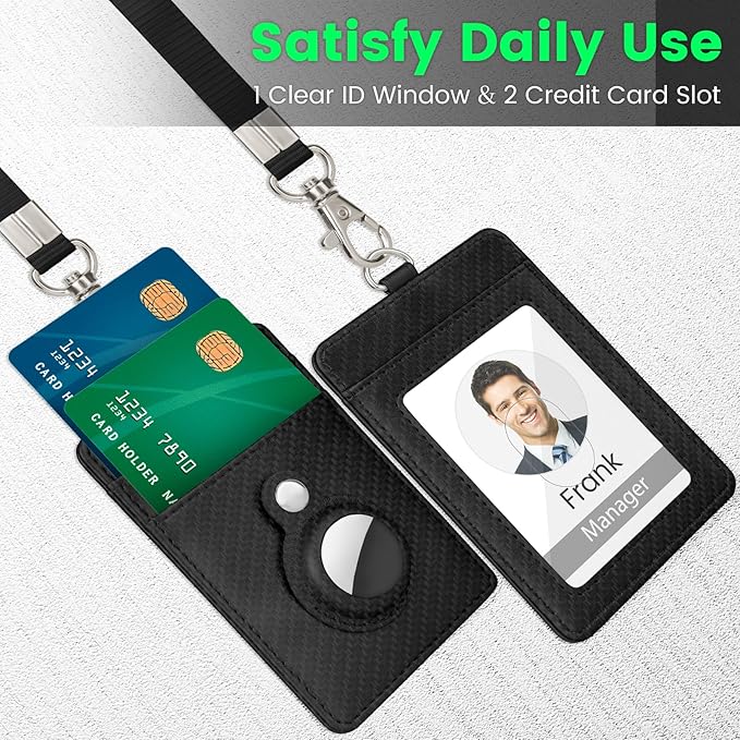 TALONITE Badge Holder for AirTag, PU Leather ID Badge Holder with 1 Clear ID Window & 2 Credit Card Slot & 1 Detachable Neck Lanyard
