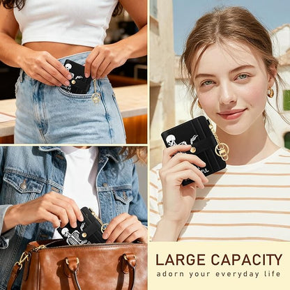 Jogjam Skull Skeleton Rfid Women Wallet, Small Slim Thin Credit Card Wallet, PU Leather Bifold Cash Zipper Coin Pocket ID Window for Female Ladies Teen Girls Girly