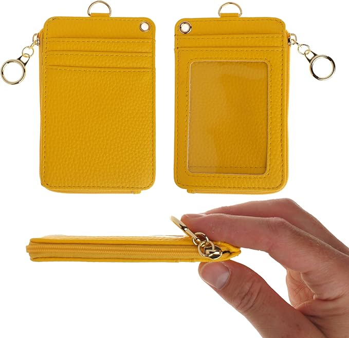 Mondo Designs 2-in-1 ID Badge Holder & Lanyard Wallet - Multi-Use Womens Small Wallet with Removable Wristlet & Neck Lanyard, Clear Window, 5 Card Slots, Phone Holder, Ring Keychain - Yellow