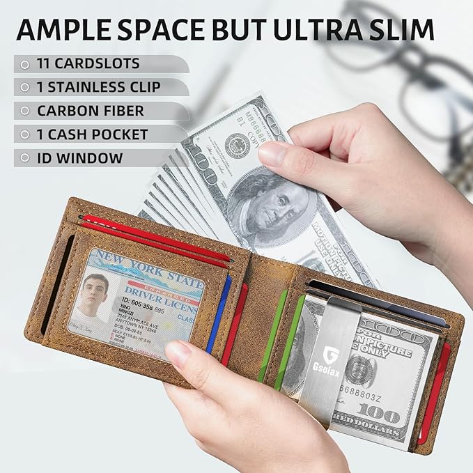 GSOIAX Men's Slim RFID Blocking Leather Wallet with Money Clip | Minimalist Carbon Fiber Bifold Credit Card Holder | 11 Card Slots | Gift Box Included(Leather Brown)