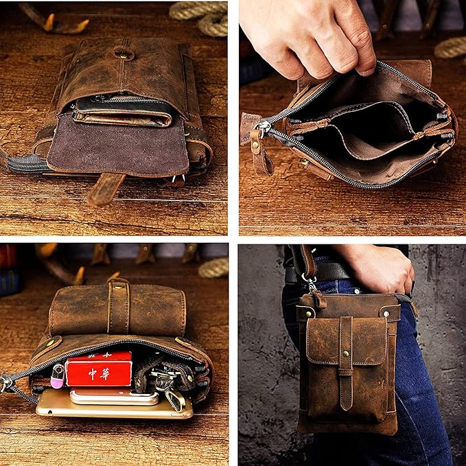 Le'aokuu Mens Genuine Leather Fanny Small Messenger Shoulder Satchel Waist Bag Pack 8711