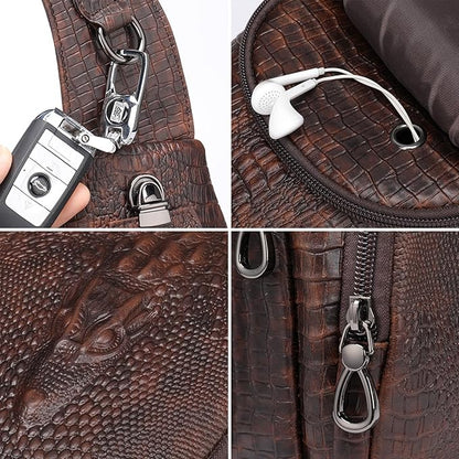 NIUCUNZH Crocodile Leather Sling Bag with Leather Strap, 3 Zipper Crossbody Shoulder Bags for Travel Hike Everyday Carry