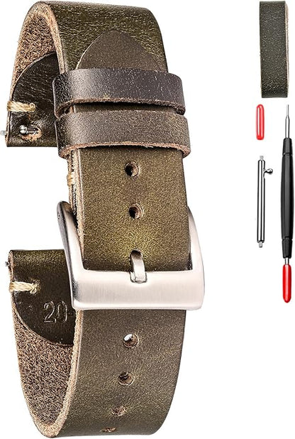 hemsut h Leather Watch Bands for Men, Horween Quick Release Leather Watch Strap Vintage Watch Replacement Wrap of 18mm, 20mm, 22mm