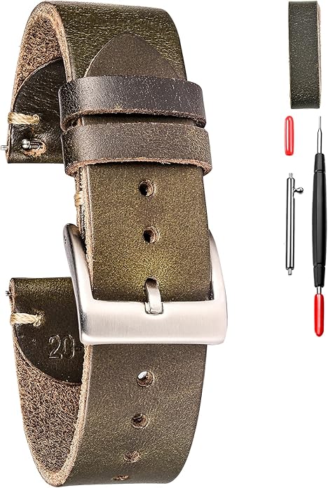 hemsut h Leather Watch Bands for Men, Horween Quick Release Leather Watch Strap Vintage Watch Replacement Wrap of 18mm, 20mm, 22mm