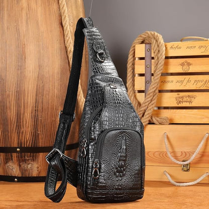 NIUCUNZH Crocodile Leather Sling Bag with Leather Strap, 3 Zipper Crossbody Shoulder Bags for Travel Hike Everyday Carry
