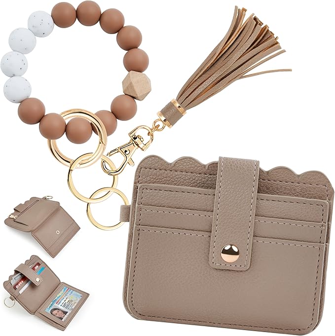 KNGITRYI Wallet Keychain Wristlet for Women,Slim RFID Credit Card Holder Purse Tassel Keychain Bangle Key Ring for Men Women