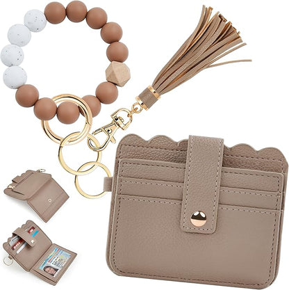 KNGITRYI Wallet Keychain Wristlet for Women,Slim RFID Credit Card Holder Purse Tassel Keychain Bangle Key Ring for Men Women