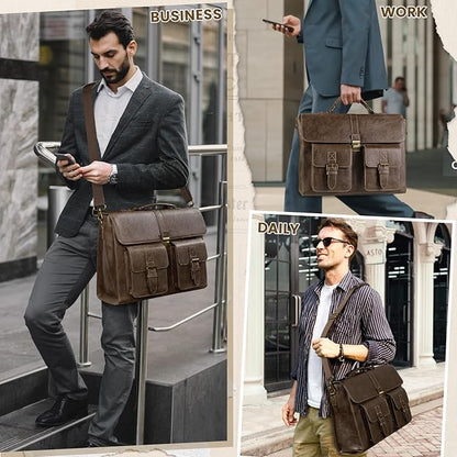 RAINSMORE Mens Messenger Bag 15.6 Inch Leather Vintage Laptop Briefcase Waterproof Computer Laptop Bag Leather Satchel Bag Large Shoulder Bag for Office Work Travel College, DarkBrown