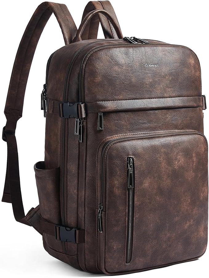 Travel Backpack for Women and Men, Fits 17.0" Laptop, Stylish Lay-Flat Carry-on Vegan Leather Backpack with Luggage Strap for Travel and Daily Use