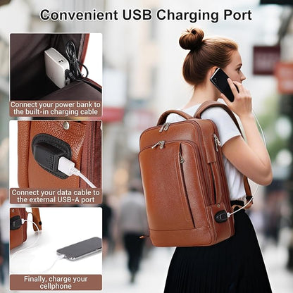 TIDING Expandable Leather 15.6" Laptop Backpack for Men Women, TSA Friendly Business Travel Rucksack Slim Work Casual Daypack