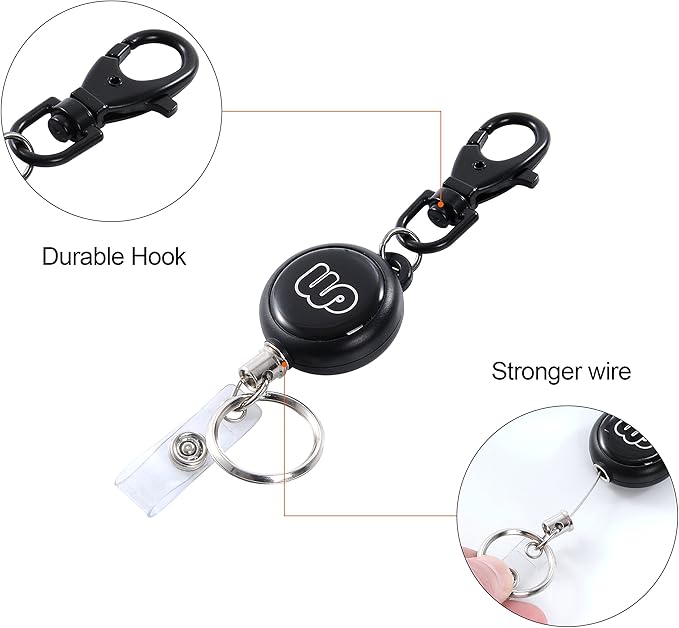 Wisdompro ID Badge Holder with Retractable Keychain, 2-Sided PU Leather Pass Card Holder with 2 Card Slots and Badge Reel for Work, School, Metro, Bus, Access Card - Black, Vertical