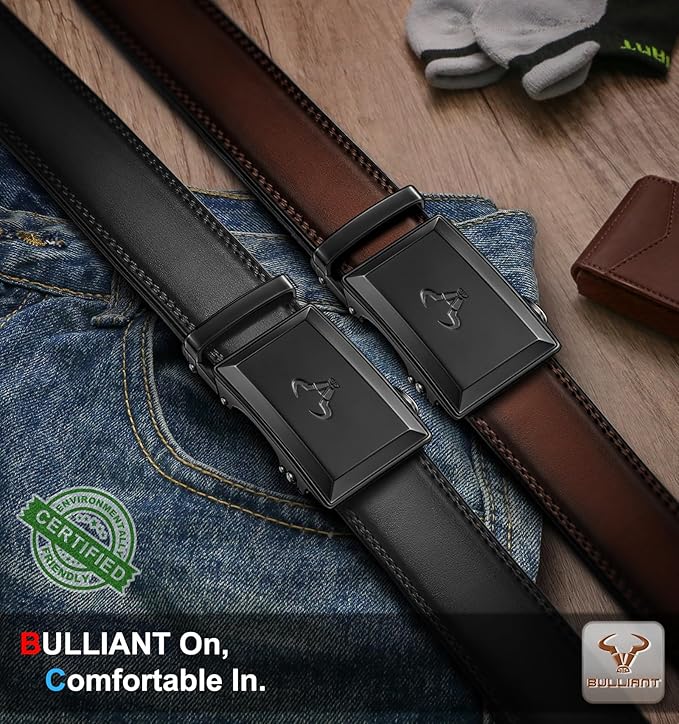 BULLIANT Men Belt 2Pack-Ratchet Leather Belt Adjsutable For Jeans Dress Casual Pant 1 3/8"- Cut For Fit