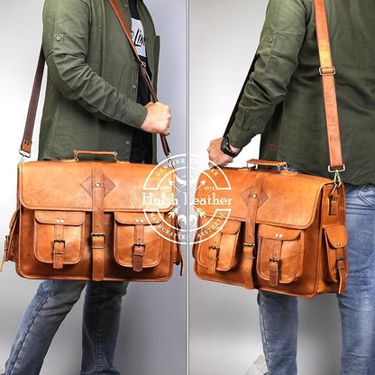 Vintage Leather Laptop Bag for Men Full Grain Large Leather Messenger bag for men 18 inches with rustic look Brown briefcase (Tan)