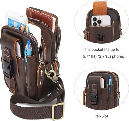 LANNSYNE Small Leather Messenger Bag, 3-in-1 Crossbody Shoulder Bag & Waist Belt Pouch, Sling Purse for Travel Business