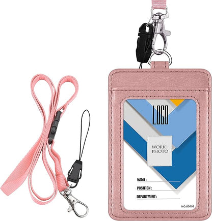Badge Holder, Wisdompro 2-Sided PU Leather ID Badge Card Holder Wallet Case with 1 Clear ID Window and 1 Credit Card Slot and 22 Inch Quick Rlease Detachable Neck Lanyard Strap-Rose Gold (Vertical)
