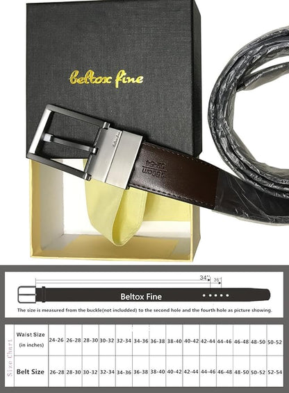 beltox fine Men's Dress Belt Leather Reversible 1.25" Wide Rotated Buckle Gift Box
