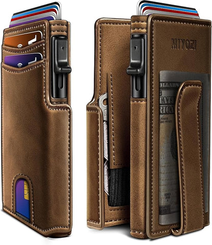 miyozi Wallet for Men, Magnetic Minimalist Slim Wallet with Pop Up Card Holder, 9 Cards RFID Blocking Metal Credit Card Case, Leather Wrapped Money Clip, ID Window & Small Item Slot, Gift Boxed