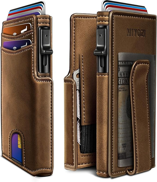 miyozi Wallet for Men, Magnetic Minimalist Slim Wallet with Pop Up Card Holder, 9 Cards RFID Blocking Metal Credit Card Case, Leather Wrapped Money Clip, ID Window & Small Item Slot, Gift Boxed