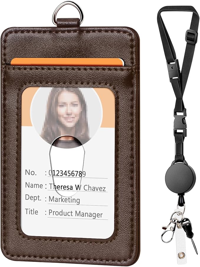 Leather Badge Holder and Adjustable Retractable Lanyards, Quick Release Buckle and Safety Breakaway Lanyards with Swivel Metal Clasp for Offices, Staff, Students, Employees
