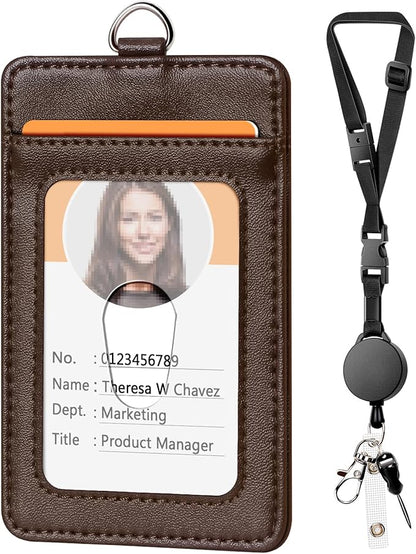 Leather Badge Holder and Adjustable Retractable Lanyards, Quick Release Buckle and Safety Breakaway Lanyards with Swivel Metal Clasp for Offices, Staff, Students, Employees