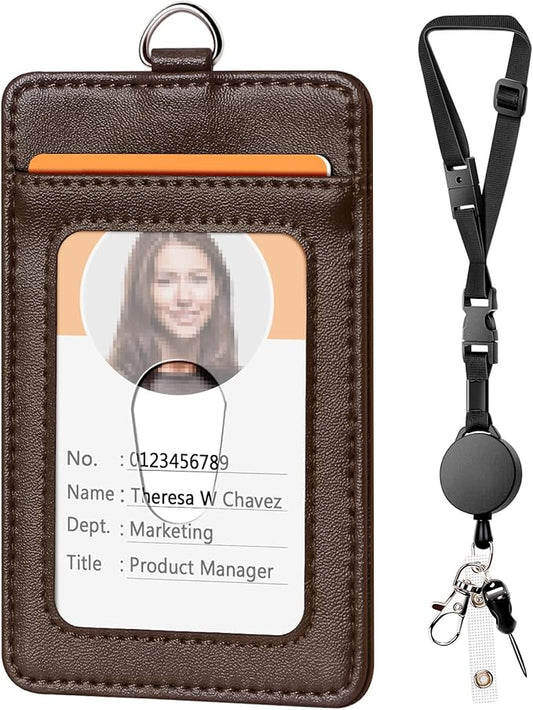 Leather Badge Holder and Adjustable Retractable Lanyards, Quick Release Buckle and Safety Breakaway Lanyards with Swivel Metal Clasp for Offices, Staff, Students, Employees