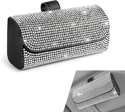 Bling Sunglasses Holder for Car Sun Visor, Rhinestone Auto Eyeglasses Mount Clip Organizer, Leather Sunvisor Sunglasses Storage Case, Universal Glasses Holder Clips for SUV, Sedan, Van (White)