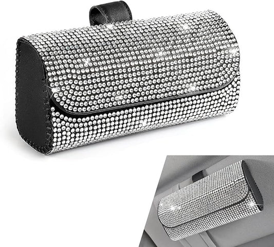 Bling Sunglasses Holder for Car Sun Visor, Rhinestone Auto Eyeglasses Mount Clip Organizer, Leather Sunvisor Sunglasses Storage Case, Universal Glasses Holder Clips for SUV, Sedan, Van (White)
