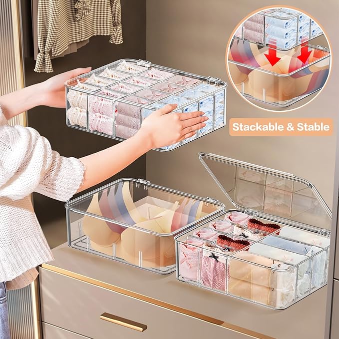 Sock Underwear Organizer, 16 Compartment Adjustable Dividers Tie Socks Underwear Drawer Organizers for Closet, Clear Plastic Storage Containers Box with Lids for Ties Scarf Socks Bras