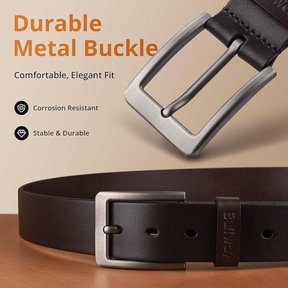 Buffway Men’s Full Grain Leather Belt – Solid One-Piece Leather, 1.5” Wide for Jeans & Business Casual, Gift Box Included
