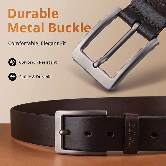 Buffway Men’s Full Grain Leather Belt – Solid One-Piece Leather, 1.5” Wide for Jeans & Business Casual, Gift Box Included