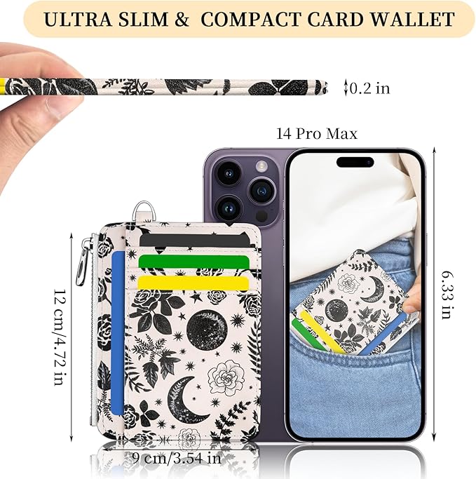 Hancynir Goth Moon Floral Slim Wallet Women Credit Card Holder, RFID Blocking Front Pocket Wallet Wristlet Keychain Lanyard, Small Cute Mini Card Case, Thin Travel Zipper Coin PU Leather Ladies Gifts