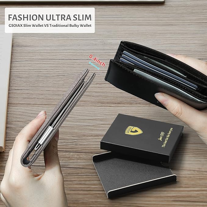 GSOIAX Slim Leather RFID Bifold Wallet for Men Minimalist Front Pocket Wallet with Money Clip,12 Card Slots,ID Window,Cool Groove Design,Includes Gift Box (Retro Grey)