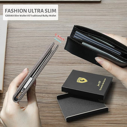 GSOIAX Slim Leather RFID Bifold Wallet for Men Minimalist Front Pocket Wallet with Money Clip,12 Card Slots,ID Window,Cool Groove Design,Includes Gift Box (Retro Grey)