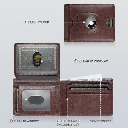 furid Air Tag Wallet Men Slim: Minimalist 2 ID Window RFID Leather Wallets with Airtag Holder - Gifts for Husband Father at Birthday Anniversary