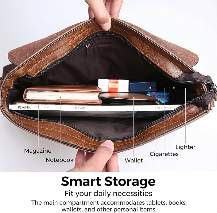 Vintage PU Leather Mens Messenger Bag - Slim Crossbody Shoulder Bag for Work, Travel & Daily Commute Casual Tablet Satchel