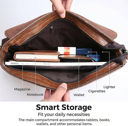Vintage PU Leather Mens Messenger Bag - Slim Crossbody Shoulder Bag for Work, Travel & Daily Commute Casual Tablet Satchel