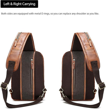 LANNSYNE Full Grain Leather Sling Bag For Men, Crossbody Bag fits 12.9" iPad Crossbody Chest Daypack