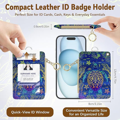 Turtle Leather Badge Holder with Zipper Pocket, Blue Work Lanyards and 1 Zip Pocket, 4 Card Slots, Breakaway Lanyards with Metal Clasp for Offices, Staff, Adult, Employees