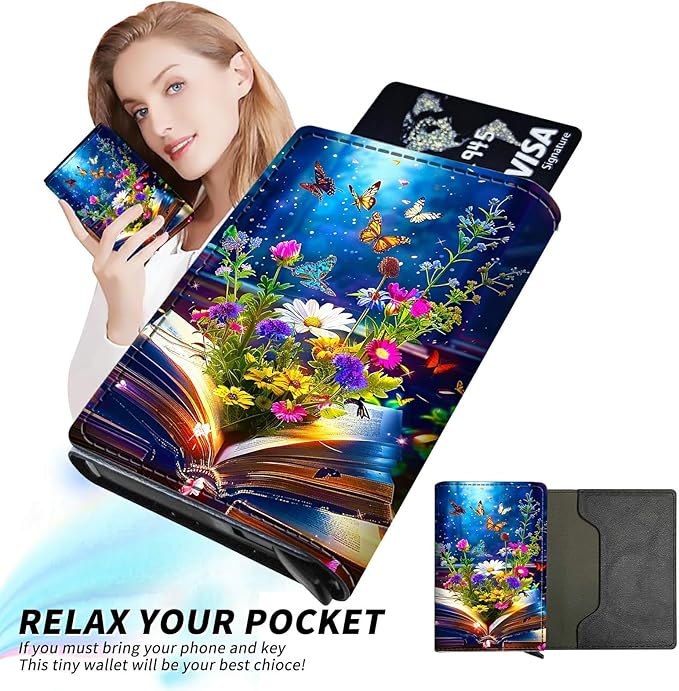 Minimalist Wallet for Men's Card Holders, Pop-Up Card Case Durable Wallets for Women, Leather Automatic Credit Card Holder with Metal Money Clip RFID Blocking Bifold Pocket, Book Flower