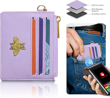 SEAVILIA Card Holder Keychain Wallet for Women with ID Window RFID Blocking Coin Purse Bee Gifts Slim Minimalist Small PU Leather