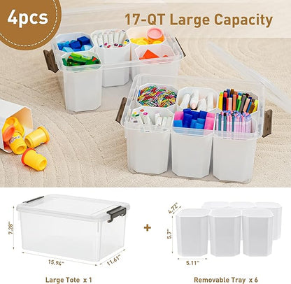 Citylife 17 QT Plastic Storage Bins Clear Storage Box with Lids Multipurpose Stackable Storage Containers for Organizing Tool, Craft, Crayon, 4 Packs