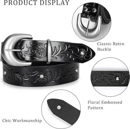 Mealah Vintage Western-Cowboy-Belt for Women Men - Carved Buckle PU Leather Waist Belts (for Waist 28"-38")