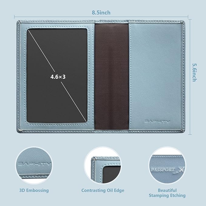 Genuine Leather Passport Cover Wallet, Ultra Slim Case with Vaccine Card Slot, RFID Blocking (Ice Blue)