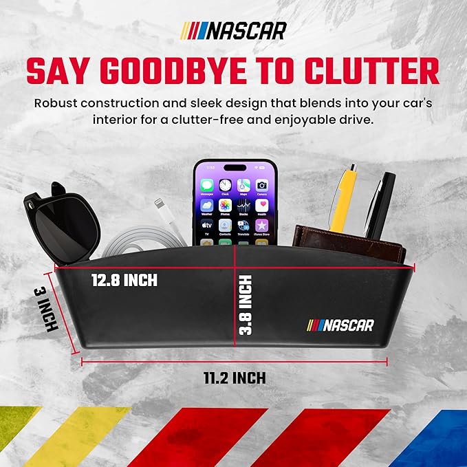 NASCAR Car Seat Gap Filler Organizer (2 Pack)| Universal Fit | Easy Install Car Console Organizer for Essentials, Seat and Console Gap Filler | Car Side Seat Gap Organizer w/Storage Pockets | Black