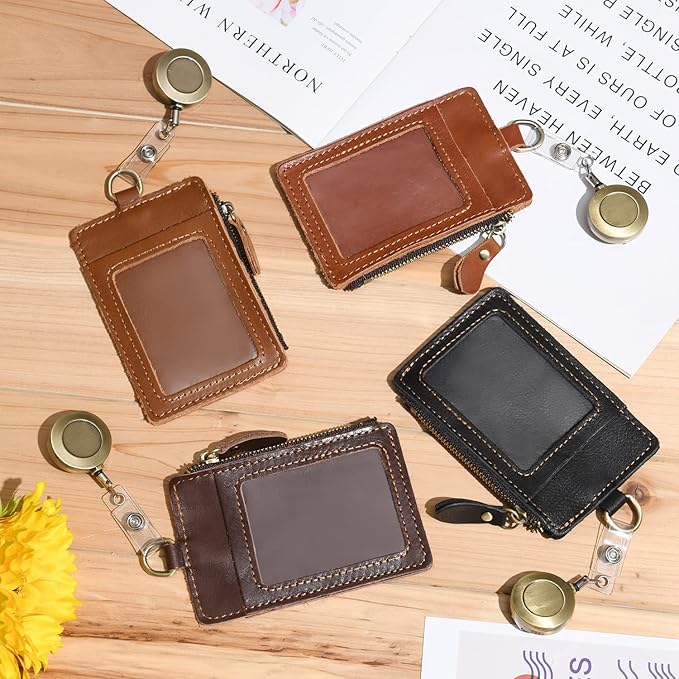 Wonderpool Leather ID Badge Holder with Zipper Wallet Pouch - Card Slots Case Detachable Neck Lanyard and Retractable Badge Reel for Office School Hospital Exhibition ID (Light Brown)