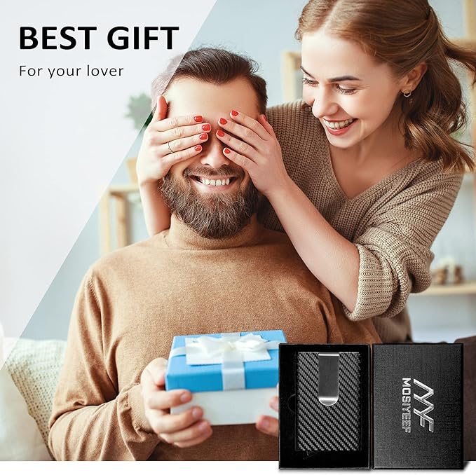 MOSIYEEF Slim RFID Blocking Card Holder Wallet for Men - Minimalist Pop Up Credit Card Holder Wallet with Stainless Steel Money Clip, Carbon Fiber Leather Case, Holds 6 Cards - Ideal Gift for Him