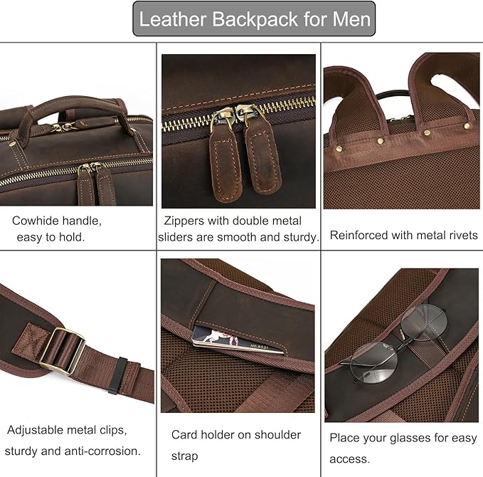 LUUFAN Vintage Genuine Leather Backpack Large Capacity 16" Laptop Shoulder Bag for Men Overnight Weekender Daypack Rucksack, Dark Brown