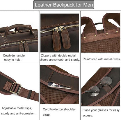 LUUFAN Vintage Genuine Leather Backpack Large Capacity 16" Laptop Shoulder Bag for Men Overnight Weekender Daypack Rucksack, Dark Brown