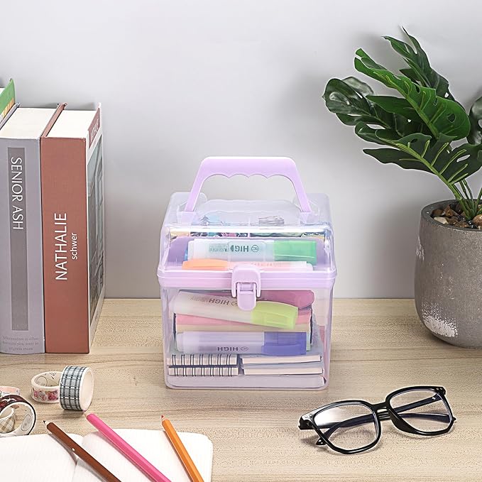 BTSKY Multipurpose Plastic Craft Storage Containers with Removable Tray, Clear Plastic Storage Box with Lid & Handle, Easy Carry & Stack Small Storage Container, 6.3x5.6x6.3 Inch, Square-Purple